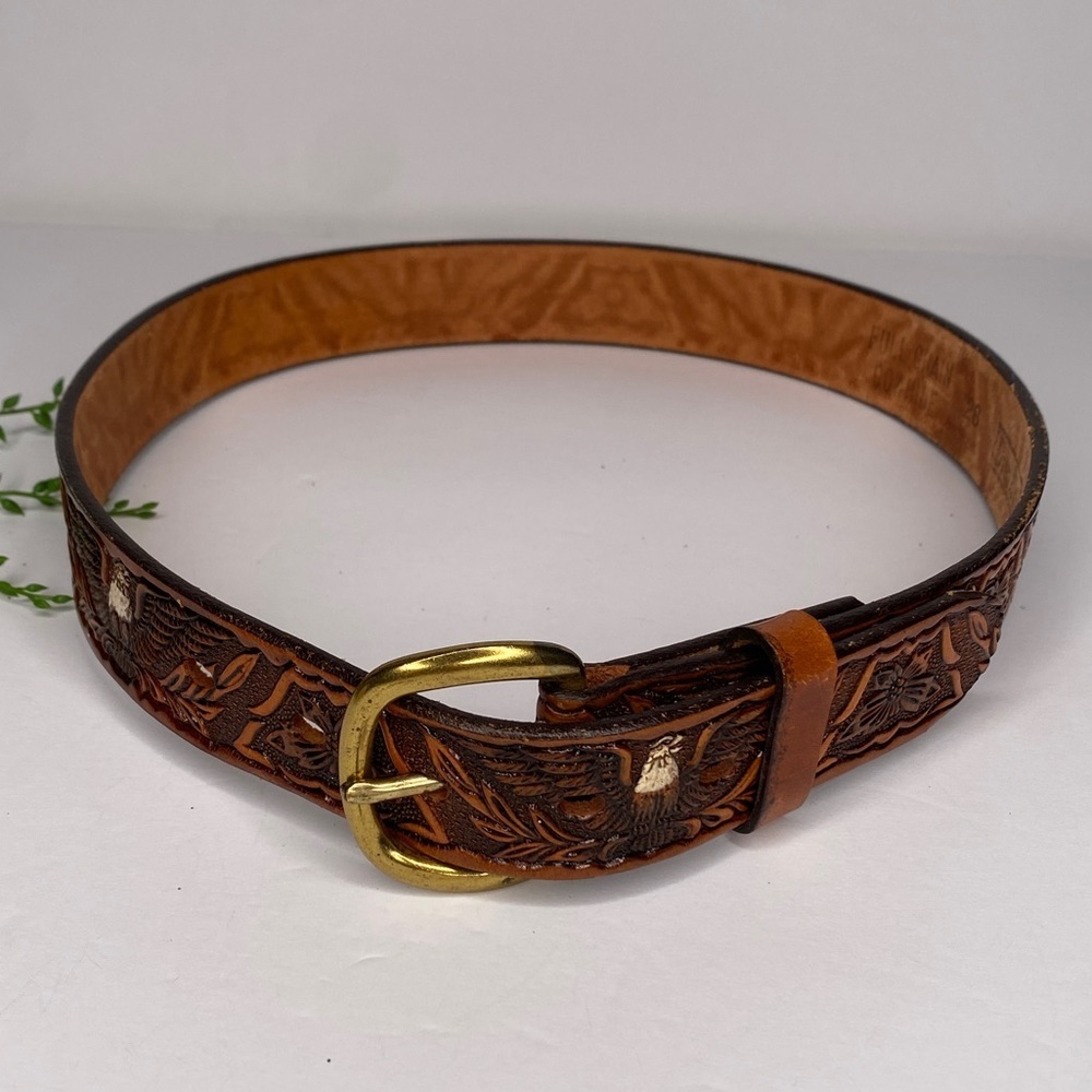 Vintage DunDee Brown Full Grain Cowhide Bald Eagle Embossed Belt Size 28